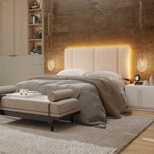 Cabeceira Estofada Cama Box Casal com Led Splend 140 Cm Buclé Bege