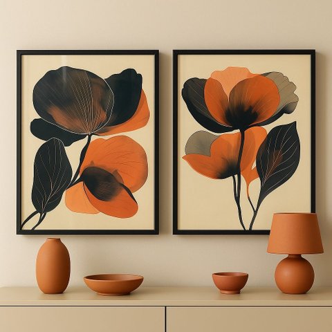 Kit 2 Quadros Flores Marrom Terracota e Preto 45x34cm - com Vidro:moldura Preta