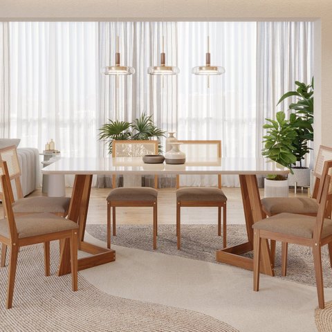 Conjunto Sala de Jantar Caju 180cm com 6 Cadeiras Palmas Marrom/Off White/Bege