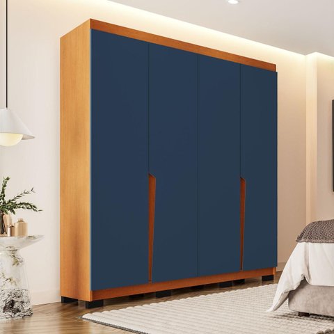 Roupeiro Solteiro Porto 4 Portas 4 Gavetas 161x214cm Freijó/Azul 240824