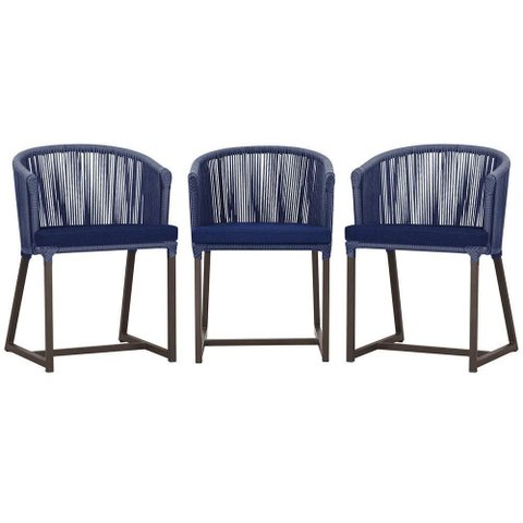 3 Cadeiras de Jantar Noronha Marrom Corda Náutica E10 Trama Azul