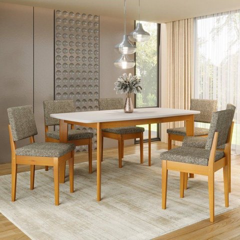 Conjunto Sala de Jantar Siera 6 Lugares Retangular Madeira Maciça Miami Natural/Cerejeira/Café