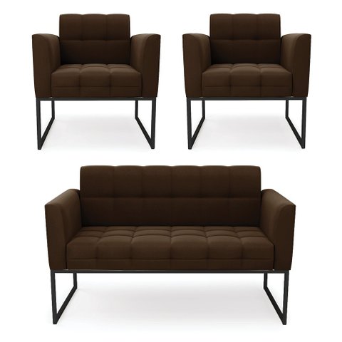 Kit 1 Sofá Namoradeira e 2 Poltronas Elisa Suede Marrom Base Metálica Industrial Preto - D'Rossi