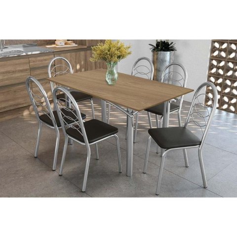 Conjunto: Mesa Sala Jantar Elba C/ Tampo de Madeira 160cm e 6 Cadeiras Holanda Cromada/nogueira -