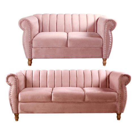 Conjunto Sofá Realeza 2 e 3 Lugares Fixo Rosê Veludo Bella Decor