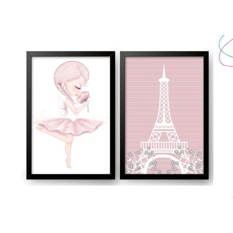 Kit 2 Quadros Decorativos - Paris e Bailarina:preta