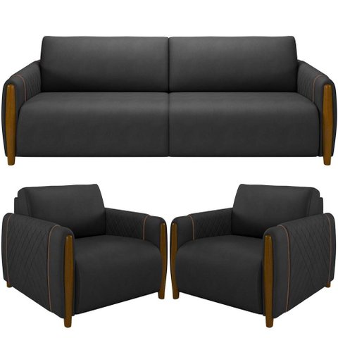 Kit Sofá 03 Lugares Sala Estar 223cm com 02 Poltronas Flora Pés Madeira M03 Couríssimo Preto -