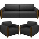 Ver imagem 1 de Kit Sofá 03 Lugares Sala Estar 223cm com 02 Poltronas Flora Pés Madeira M03 Couríssimo Preto -