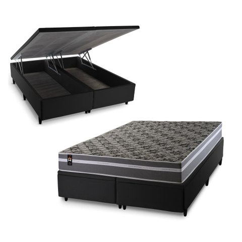 Conjunto Box Baú Super King Miami Preto 193x203x69 Espuma D33
