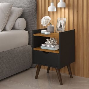 Mesa de Cabeceira para Quarto com Nicho Decorativo:preto/freijo