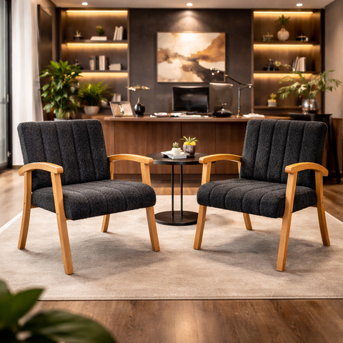 Conjunto 2 Poltronas Haley Tecido Boucle Estrutura Madeira Maciça para Recepção Sala de Estar:preto