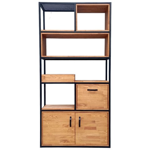 Estante Industrial Ferro e Madeira com Prateleiras, Nichos, Bandeja e Portas