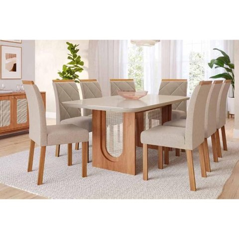 Conjunto: Mesa Sala Jantar Valentina Tampo Madeirado C/ Vidro 210x100cm e 8 Cadeiras Fernanda