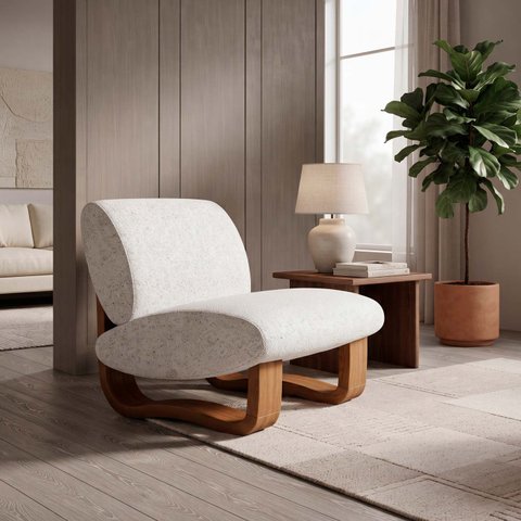 Poltrona Lusso Estofada Design Moderno Estrutura Madeira Cor Champagne Tecido Boucle