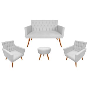 Kit Namoradeira + 2 Poltronas Decorativa Nina Capitonê + Puff Redondo Couro Branco Pés Madeira Mz De