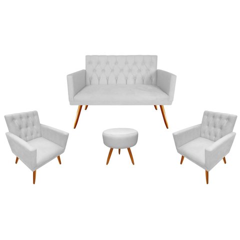 Kit Namoradeira + 2 Poltronas Decorativa Nina Capitonê + Puff Redondo Couro Branco Pés Madeira Mz De
