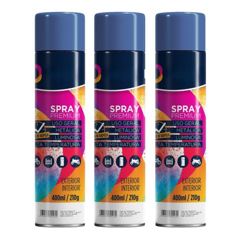 Tinta Spray 400ml Azul Escuro Uso Geral em Aço Ferro Gesso Couro Cerâmica | Universo | Kit 03 Un