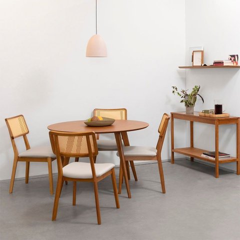 Conjunto Mesa de Jantar Square Laminada Redonda Natural - 1,08m + 4 Cadeiras Lalá Encosto Palha Crem