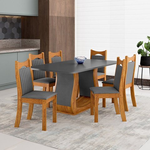 Conjunto Sala de Jantar 6 Lugares Genebra Tampo MDF Mel e Cinza