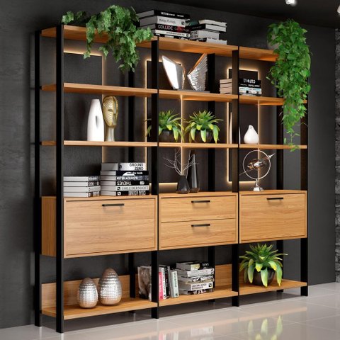 Estante para Livros Home Office 100% Mdf 2 Portas 2 Gavetas Freijó/preto - Panorama Móveis
