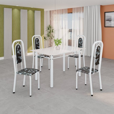 Conjunto Sala de Jantar com 4 Cadeiras Lara Branco/Preto/Bege