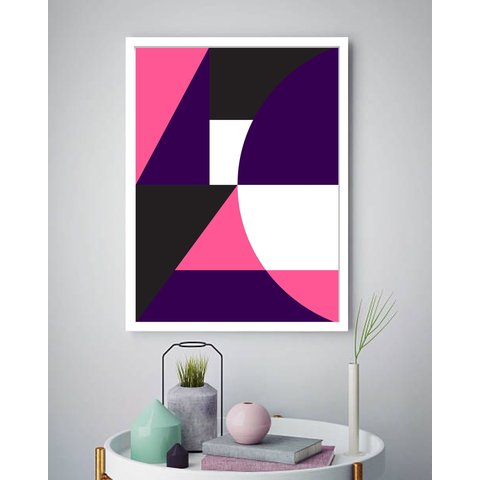 Quadro Decorativo Abstrato Geométrico Rosa Roxo - 70x50cm:moldura Branca