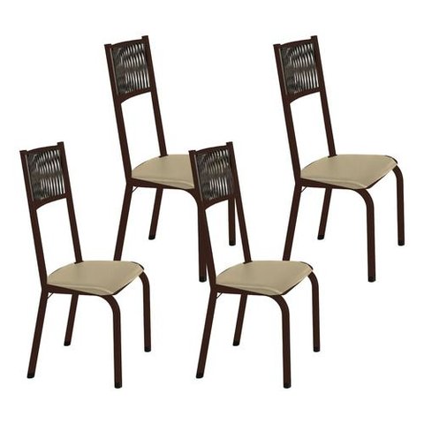 Kit 4 Cadeiras Sofia Corino Creme e Fibra Nautica Preta Tubo Marrom Cafe