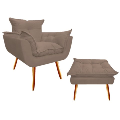 Kit Poltrona + Puff Decorativo Opala Suede Capuccino Pés Madeira Mz Decor
