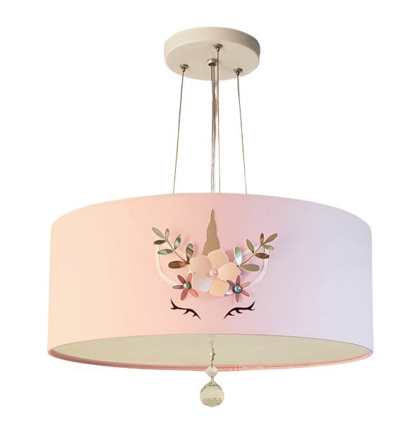 Lustre Pendente Infantil Unicórnio Cúpula Rosa 50x15 3E27