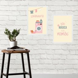 Kit 2 Quadros Lavanderia Mágica da Mamãe 24x18cm - com Vidro:madeira Branca - 2