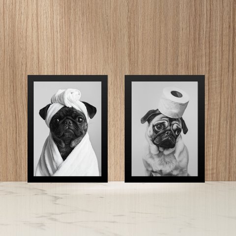 Kit 2 Quadros Divertidos para Banheiro Cães Pug 24x18cm:moldura Preta