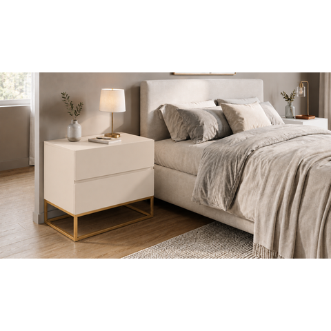 Mesa de Cabeceira Off White Lateral para Cama Eros 60cm Estilo Industrial Base de Metal Dourado