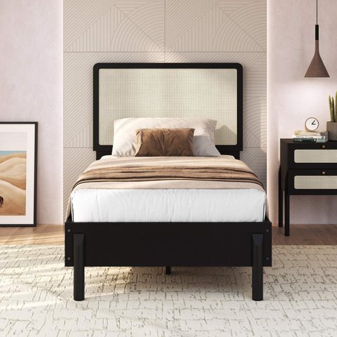 Cama de Solteiro 102cm com Cabeceira em Palhinha Oslo Móvel na Caixa