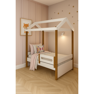 Cama Solteiro Casinha com Grade de Proteção Branca