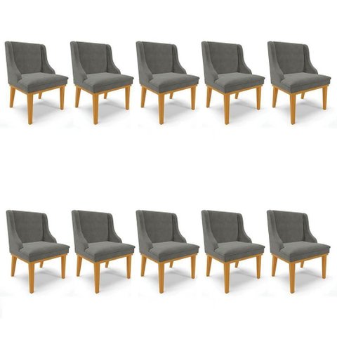 Kit 10 Cadeiras Estofadas para Sala de Jantar Base Fixa de Madeira Castanho Lia Suede Grafite -