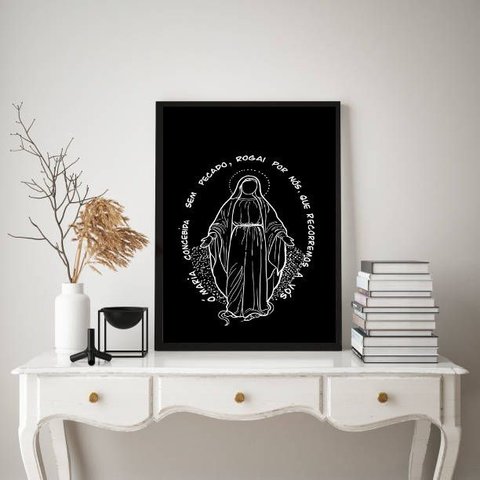 Quadro Nossa Senhora Das Graças Moderno Minimalista 24x18cm - com Vidro:madeira Branca