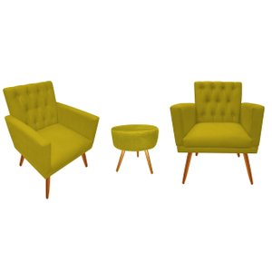 Kit 2 Poltronas Decorativa Nina Capitonê + Puff Redondo Couro Amarelo Pés Madeira Ms Decor