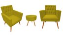 Ver imagem 1 de Kit 2 Poltronas Decorativa Nina Capitonê + Puff Redondo Couro Amarelo Pés Madeira Ms Decor