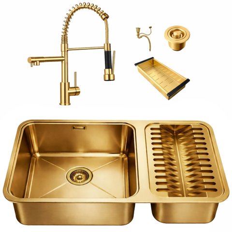 Kit Cuba Gourmet 64x40 Inox 304 Dourada com Escorredor Torneira Gourmet 2 Saídas Cozinha