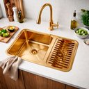 Ver imagem 2 de Kit Cuba Gourmet 64x40 Inox 304 Dourada com Escorredor Torneira Gourmet 2 Saídas Cozinha