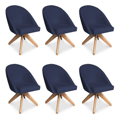 Kit 6 Poltronas Cadeira Giratória Bela Veludo Base Madeira Azul Marinho Pallazio