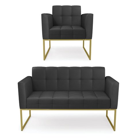 Kit 1 Sofá Namoradeira e 1 Poltrona Elisa Corino Preto Base Metálica Industrial Dourado - D'Rossi