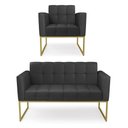 Ver imagem 1 de Kit 1 Sofá Namoradeira e 1 Poltrona Elisa Corino Preto Base Metálica Industrial Dourado - D'Rossi