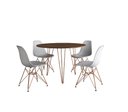 Ver imagem 1 de Mesa de Jantar Redonda 90cm Amêndoa Clips 3 Pés com 4 Cadeiras Eames Eiffel Brancas Base Cobre Lindo