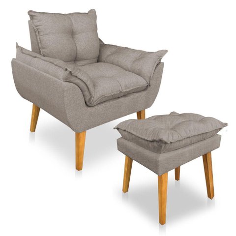 Kit 2 Poltronas Decorativa e Puff Opala Luxo Linho Cappuccino Dal Poz Estofados