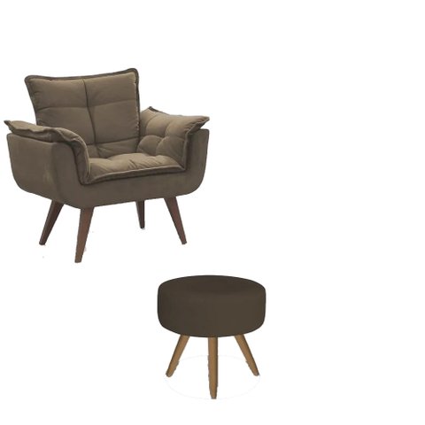 Conjunto Poltrona Decorativa Opala e Puff Redondo Pés Palito Suede Cappuccino UlissesDecor