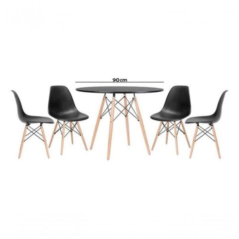 Jogo De Mesa 4 Cadeiras Pretas Eames Eiffel 90cm Base Madeira Tampo Preto New