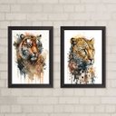Ver imagem 2 de Kit 2 Quadros Decorativos Onça E Tigre Aquarela 33x24cm - com vidro:Madeira branca