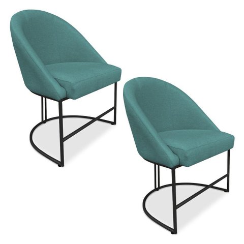 Kit 02 Cadeiras Poltrona de Jantar Bela Suede Azul Turquesa Base Metálica Industrial Preto