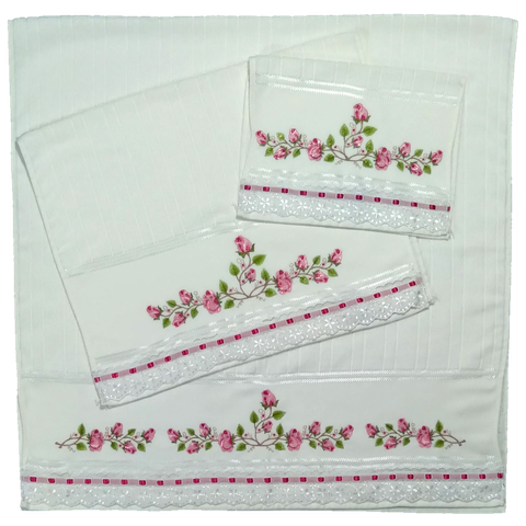 Jogo Kit de Toalhas Bordadas de Banho, Rosto e Mãos. Estampa: Ramos e Rosas. 3 Peças. Cor Branca